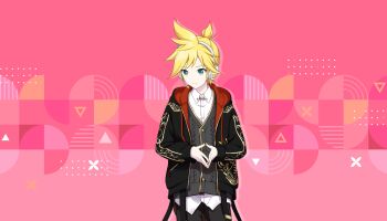 1boy aqua_eyes black_jacket black_pants black_sweater_vest blonde_hair collared_shirt colorful_palette game_cg headset highres jacket kagamine_len male_focus official_art open_clothes open_jacket pants period_of_nocturne_(project_sekai) pink_background project_sekai shirt solo spiked_hair sweater_vest third-party_source triangle vivid_bad_squad_len vocaloid white_shirt