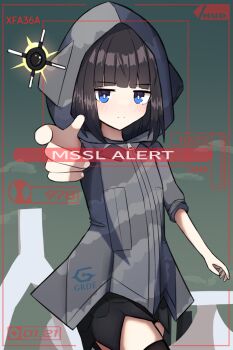 1girl ace_combat ace_combat_3 aiming aiming_at_viewer arch black_hair black_shorts black_thighhighs blue_eyes blunt_bangs bright_pupils camouflage camouflage_jacket closed_mouth commentary countdown_timer english_commentary finger_gun gameplay_mechanics general_resource_limited green_sky grey_jacket heads-up_display highres hood hood_up incoming_attack jacket light_blush looking_at_viewer mecha_musume mecham medium_hair missile personification pointing pointing_at_viewer serious shorts sky sleeves_rolled_up split_mouth thighhighs user_interface white_pupils xfa-36a_game zipper_pull_tab