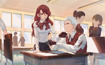 1other 3boys 3girls arm_support bandaid bandaid_on_face bandaid_on_forehead black_gloves black_jacket black_skirt bow bowtie breasts chair classroom collared_shirt commentary desk english_commentary faceless faceless_female gekkoukan_high_school_uniform gloves grey_hair holding holding_pen indoors jacket kirijou_mitsuru long_hair looking_at_another medium_breasts multiple_boys multiple_girls parted_lips pen persona persona_3 red_bow red_bowtie red_hair red_sweater_vest sanada_akihiko school_desk school_uniform shirt short_hair sitting skirt smile soc_nau standing sweater_vest white_shirt window