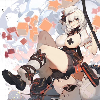 1girl belt black_belt black_bow black_bowtie black_hat black_shoes black_skirt bow bowtie breasts bright_pupils character_request commentary cross cross_pasties cube goddess_paradise hat highres holding loose_socks medium_hair one_breast_out open_mouth orange_eyes orange_nails pasties pleated_skirt rain_lan shoes skirt socks star_(symbol) striped_bow striped_bowtie striped_clothes symbol-only_commentary teeth upper_teeth_only vial white_hair white_hat white_pupils white_socks