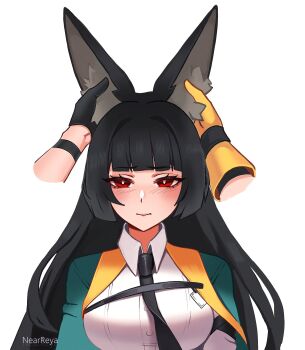 1boy 1girl absurdres animal_ear_fluff animal_ears asaba_harumasa black_hair black_necktie blunt_bangs blush breasts by_nearreya closed_mouth disembodied_hand fox_ears fox_girl gloves grabbing_another&#039;s_ear hand_on_another&#039;s_ear hetero highres hoshimi_miyabi long_hair looking_at_viewer necktie pov pov_hands red_eyes shirt simple_background solo_focus white_shirt zenless_zone_zero