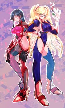 2girls action_taimanin artist_request ass black_hair blue_hair blue_leotard blue_thighhighs blush bodysuit breasts cosplay costume_switch crossover curvy expressionless fujimura_shizuru full_body glasses gloves hand_on_own_hip highleg highleg_leotard highres impossible_clothes impossible_leotard kosaka_shizuru large_breasts leotard long_hair looking_at_viewer multiple_girls name_connection red_leotard revealing_clothes shinkon_gattai_godannar!! shiny_clothes shiny_skin skin_tight smile standing sweat taimanin_(series) taimanin_rpgx taimanin_yukikaze thick_thighs thighhighs thighs thong_leotard twintails two_side_up very_long_hair white_background wide_hips