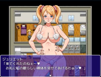 1girl bikini blonde_hair breasts juliet_starling large_breasts lollipop_chainsaw long_hair navel seashell_bikini swimsuit translation_request twintails white_bikini