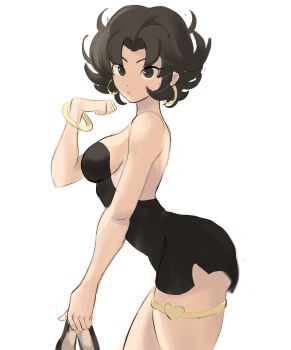 Rule 34 | 1girl, betty boop, betty boop (character), black dress, black eyes, black footwear, bracelet, breasts, dress, earrings, expressionless, eyebrows, gold bracelet, heart, high heels, highres, holding, holding footwear, holding shoes, holding unworn clothes, hoop earrings, jewelry, looking at viewer, rakeemspoon, shoes, sideboob, thighlet, unworn shoes, white background