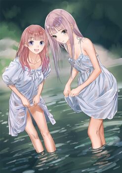 Rule 34 | 2girls, :d, atelier (series), atelier lulua, bare shoulders, blue eyes, blunt bangs, brown hair, clothes lift, commentary request, dress, elmerulia frixell, kishida mel, long hair, looking at viewer, multiple girls, official art, open mouth, outdoors, pink hair, puffy short sleeves, puffy sleeves, rorolina frixell, second-party source, short sleeves, skirt, skirt lift, sleeveless, sleeveless dress, smile, standing, wading, water, wet, wet clothes, white dress