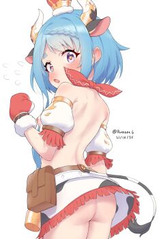 1girl absurdres animal_ears animal_print artist_name ass bare_shoulders blue_hair blush breasts cow_ears cow_horns cow_print cow_tail cowboy_shot crown dated detached_sleeves flying_sweatdrops from_behind highres horns looking_at_viewer mahiru_(princess_connect!) mini_crown mittens nipples no_panties open_mouth princess_connect! print_skirt puffy_short_sleeves puffy_sleeves purple_eyes red_mittens ruinone short_hair short_sleeves simple_background skirt small_breasts solo star_(symbol) star_in_eye symbol_in_eye tail thick_eyebrows topless_female twitter_username white_background