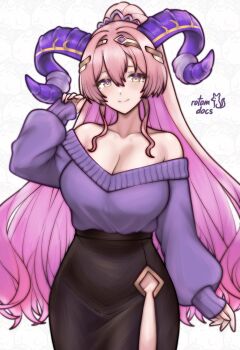 1girl bare_shoulders black_skirt breasts cleavage collarbone fire_emblem fire_emblem_heroes goat_horns highres horns large_breasts long_hair looking_at_viewer nerthuz_(fire_emblem) nintendo pink_hair ponytail purple_shirt rotomdocs shirt signature skirt smile solo yellow_eyes