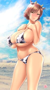 1girl bare_shoulders beach bikini blue_sky blush breasts brown_eyes brown_hair cleavage closed_mouth cloud collarbone cow_print cow_print_bikini female_focus highres huge_breasts kazama_asuka lactation lactation_through_clothes light_blush matching_hair/eyes namco navel ocean outdoors print_bikini short_hair signature skindentation sky solo st.germain-sal standing sunlight sweatdrop swimsuit tekken thighs