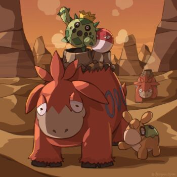 black_eyes cacnea camerupt designer_ojisan gen_1_pokemon gen_3_pokemon highres nintendo no_humans numel outdoors pokemon pokemon_(creature) riding riding_pokemon standing steam twilight voltorb walking