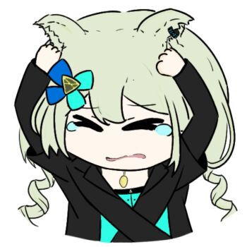 >_< 1girl animal_ears arknights black_jacket closed_eyes commentary_request dress drill_hair fengdou green_dress green_hair hair_ribbon hands_on_own_head infection_monitor_(arknights) jacket jewelry morpheus_(arknights) open_mouth pendant ribbon solo tearing_up twin_drills white_background wolf_ears wolf_girl