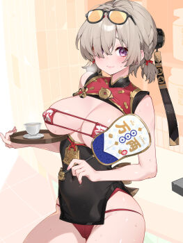 1girl bikini breasts covered_erect_nipples cup eyepatch_bikini eyewear_on_head grey_hair hair_over_one_eye hand_fan highres holding holding_fan large_breasts looking_at_viewer purple_eyes red_bikini short_hair short_twintails smile solo sunglasses sweety_(zenless_zone_zero) swimsuit twintails waterring zenless_zone_zero