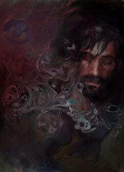 Rule 34 | 1boy, abstract, alan wake, alan wake (game), alan wake ii, beard, closed eyes, facial hair, facing viewer, hashtag-only commentary, highres, lockwqq, male focus, portrait, solo, swirl, tears