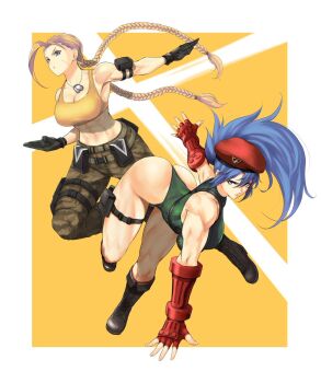 Rule 34 | 2girls, abs, anagumasan, ass, beret, blonde hair, blue eyes, blue hair, blush, braid, breasts, cammy white, cammy white (cosplay), camouflage, capcom, cosplay, costume switch, crop top, crossover, fingerless gloves, full body, gloves, green leotard, hat, highres, large breasts, leona heidern, leona heidern (cosplay), leotard, long hair, midriff, multiple girls, muscular, muscular female, navel, ponytail, pouch, skin tight, snk, street fighter, the king of fighters, twin braids