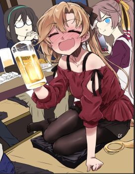 3girls :t akigumo_(kancolle) alcohol anchor_symbol bare_shoulders beer beer_mug black_pantyhose black_skirt blue_hairband blush breasts brown_hair cellphone closed_eyes cup cushion drunk facing_viewer fang food glasses hair_ribbon hairband holding holding_cup holding_phone interlocked_fingers kantai_collection kazagumo_(kancolle) long_hair mug multiple_girls no_shoes nose_blush ooyodo_(kancolle) opaque_glasses open_mouth own_hands_together pantyhose phone ponytail red_shirt ribbon shirt sitting skin_fang skirt smartphone takana_shinno very_long_hair