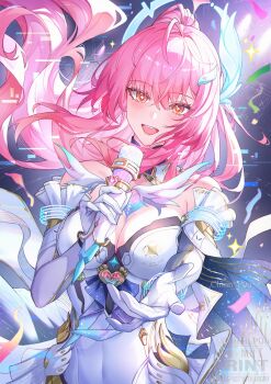 1girl absurdres aemeath_(wuthering_waves) ahoge artist_name bare_shoulders breasts chinnpou cleavage commentary elbow_gloves glitch gloves hair_ornament hashtag-only_commentary highres holding holding_microphone leotard long_hair looking_at_viewer medium_breasts microphone offering_hand open_mouth orange_eyes pink_hair ponytail smile solo star-shaped_pupils star_(symbol) symbol-shaped_pupils tacet_mark_(wuthering_waves) upper_body very_long_hair watermark white_gloves white_leotard wuthering_waves