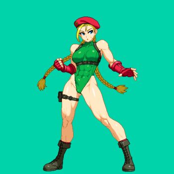 1girl aoi_ship beret blonde_hair blue_eyes boots braid braided_twintails breasts cammy_white chest_harness covered_abs facial_scar fingerless_gloves full_body gloves green_background green_leotard hair_pulled_back harness hat leotard long_hair low_twintails medium_breasts muscular muscular_female pixel_art pouch red_gloves scar scar_on_cheek scar_on_face solo standing street_fighter thigh_pouch twintails variant_set very_long_hair