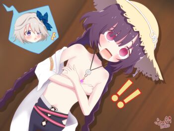 Rule 34 | !, !!, 2girls, aged down, blue bow, blush, bow, breasts, character request, cherrinako, female focus, hat, highres, kirara fantasia, long hair, multiple girls, navel, open mouth, purple eyes, purple hair, short hair, small breasts, tedeza rize, tongue, wet, white hair