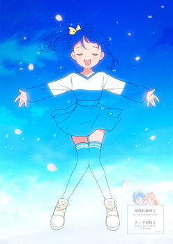 1girl :d above_clouds blue_hair blue_theme bow closed_eyes cloud day double_exposure facing_viewer full_body hair_bow hirogaru_sky!_precure knees_together_feet_apart kyanos_(b_0000ff) long_sleeves medium_hair open_mouth outstretched_arms precure shirt shoes side_ponytail skirt sky smile sneakers solo sora_harewataru teeth thighhighs upper_teeth_only yellow_bow