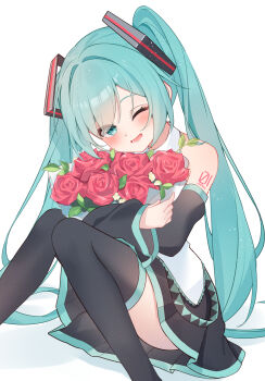 1girl absurdres aqua_eyes aqua_hair aqua_nails aqua_necktie bare_shoulders black_sleeves blue_eyes blue_hair blush breasts detached_sleeves flower grey_shirt hair_between_eyes hair_ornament hatsune_miku headphones headset highres holding long_hair looking_at_viewer necktie number_tattoo open_mouth ryaru_ryaru shirt simple_background skirt sleeveless sleeveless_shirt smile solo tattoo thighhighs twintails very_long_hair vocaloid