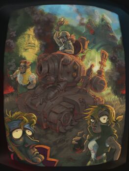 2boys 2girls asymmetrical_eyes bandana baseball_cap blonde_hair captionpanic cigarette commentary english_commentary fio_germi glasses green_bandana hat highres kasamoto_eri marco_rossi metal_slug multiple_boys multiple_girls ponytail smoke sunglasses sv001_(metal_slug) tarma_roving