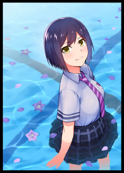 1girl absurdres black_border blue_skirt blush border breasts closed_mouth collared_shirt commentary_request diagonal-striped_clothes diagonal-striped_necktie feet_out_of_frame floating_flowers flower flower_request from_above from_side highres large_breasts lips looking_at_viewer looking_to_the_side looking_up miniskirt necktie nijisanji noragami_sota plaid_clothes plaid_skirt pleated_skirt pool purple_flower purple_hair purple_necktie purple_petals school_uniform shirt shirt_tucked_in shizuka_rin shizuka_rin_(3rd_costume) short_hair short_sleeves skirt smile solo striped_clothes summer_uniform tented_shirt turning_head virtual_youtuber wading white_shirt yellow_eyes