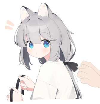 Rule 34 | 1girl, 1other, animal ear fluff, animal ears, black ribbon, blue eyes, blush, closed mouth, commentary request, grey hair, hair between eyes, hair ribbon, highres, long hair, looking back, notice lines, original, out of frame, ribbon, riya (01214), shirt, simple background, solo focus, upper body, white background, white shirt