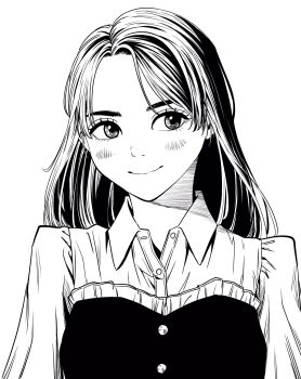 1girl breasts commentary_request eyelashes forehead hatching_(texture) highres lee_(dragon_garou) light_blush linear_hatching long_hair medium_breasts monochrome original smile solo