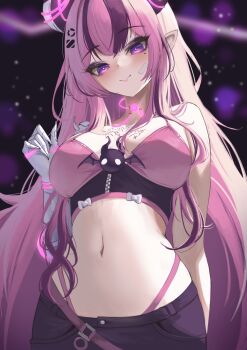 1girl bra breasts demon_girl demon_horns highres horns indie_virtual_youtuber ironmouse light_smile long_hair looking_at_viewer mechanical_arms mechanical_horns medium_breasts mole mole_under_eye multicolored_hair navel onzzy pink_bra pink_hair purple_eyes purple_hair purple_streaks shorts single_mechanical_arm solo streaked_hair underwear virtual_youtuber