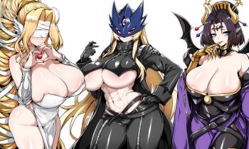 3girls abs absurdres areola_slip bandages bandages_over_eyes bare_shoulders beelstarmon belt black_coat black_dress black_gloves black_hair black_pants black_shirt blonde_hair blue_eyes blush breasts cleavage coat cropped_shirt demon_horns demon_wings detached_collar digimon digimon_(creature) dress facial_mark forehead_mark gauntlets gggg gloves gold_trim hair_ornament head_wings heart heart_hands high_ponytail highres horns large_breasts lilithmon long_hair long_sleeves looking_at_viewer mask multiple_girls navel pants parted_bangs pelvic_curtain pointy_ears ponytail purple_eyes purple_skirt shirt short_hair skirt smile thighs third_eye toned underboob venusmon very_long_hair white_dress wide_sleeves wings