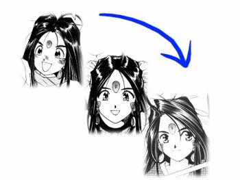 1990s_(style) aa_megami-sama black_hair comparison earrings evolution fujishima_kousuke jewelry monochrome skuld_(aa_megami-sama) smile