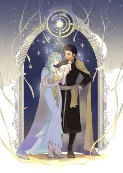 1boy 1girl 1other baby bad_id bad_twitter_id black_boots black_hair boots carrying carrying_baby carrying_person claude_von_riegan claude_von_riegan_(timeskip) closed_eyes couple dark-skinned_male dark_skin dress father_and_child female_byleth_(awakened)_(fire_emblem) female_byleth_(fire_emblem) fire_emblem fire_emblem:_three_houses full_body green_hair hand_on_own_hip head_wreath hetero high_heels highres husband_and_wife if_they_mated mayume_(mmeeeeetb) medium_hair mother_and_child nintendo official_alternate_hair_color short_hair standing white_dress