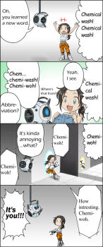 4koma aged_down alternate_language aperture_science_handheld_portal_device chell comic denim english_text hard-translated jeans pants portal portal_(series) portal_1 portal_2 third-party_edit translated uotapo wheatley