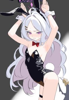 1girl animal_ears arms_up black_leotard black_wings blue_archive bow bowtie closed_mouth cowboy_shot detached_collar fake_animal_ears fake_tail from_side highres hina_(blue_archive) kamitosayu leotard loli long_hair playboy_bunny purple_eyes rabbit_ears rabbit_pose rabbit_tail red_bow red_bowtie solo tail thigh_strap white_hair white_wrist_cuffs wings wrist_cuffs