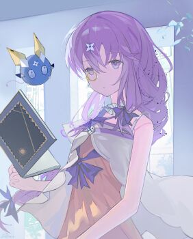 1girl absurdres arcaea bare_shoulders book bow braid charon_(arcaea) collar dress expressionless floating floating_book floating_object hair_between_eyes hair_ornament highres jacket lagrange_(arcaea) long_hair monocle otarc purple_bow purple_eyes purple_hair sidelocks single_braid solo twintails white_jacket yellow_dress