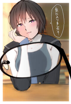 1girl amagami black_eyes black_hair black_jacket black_one-piece_swimsuit black_sailor_collar blazer blue_one-piece_swimsuit blush chalkboard classroom collarbone commentary_request desk glasses head_rest heart heart_in_eye highres indoors jacket kibito_high_school_uniform kogawa_iori long_sleeves looking_at_viewer nanasaki_ai one-piece_swimsuit parted_lips sailor_collar school_desk school_uniform short_hair solo speech_bubble swimsuit swimsuit_under_clothes symbol_in_eye translation_request two-tone_one-piece_swimsuit upper_body winter_uniform x-ray_glasses x-ray_vision