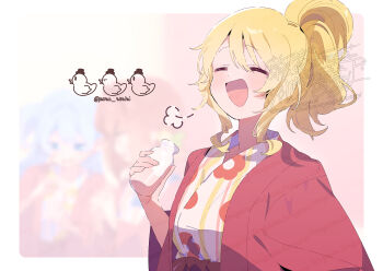 3girls :d blonde_hair blurry blurry_background blush border bottle character_request closed_eyes commentary_request holding holding_bottle japanese_clothes kimono long_sleeves looking_at_viewer magia_record:_mahou_shoujo_madoka_magica_gaiden mahou_shoujo_madoka_magica multiple_girls open_mouth outside_border ponytail puff_of_air red_kimono serizawa_serizane short_hair smile solo_focus togame_momoko twitter_username upper_body watermark white_border wide_sleeves