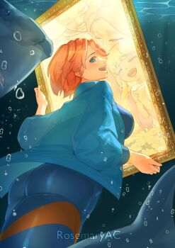 1girl :d absurdres air_bubble artist_name ass blue_eyes blue_jacket bodysuit bubble commentary diving_suit english_commentary highres himekawa_kyouko jacket marriagetoxin open_mouth orange_hair painting_(object) rosemary_ac shark short_hair smile solo underwater wetsuit