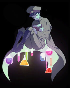 Rule 34 | 1boy, beaker, black background, black boots, boots, coat, commentary request, gokuto jihen, green eyes, hat, highres, looking at viewer, male focus, matsumoto (gokuto jihen), military hat, military uniform, potion, sitting, solo, vial