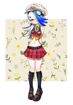 1girl adapted_costume arms_behind_back bare_shoulders belt black_belt blue_hair blue_necktie breasts brown_shoes cephalopod_eyes clothing_cutout collared_shirt colored_inner_hair colored_shoe_soles cropped_shirt cropped_vest dress_shirt earrings flat_cap floral_background full_body glasses groin hair_over_one_eye hat head_tilt heart heart_earrings highres jewelry kneehighs koharu2.5 loafers long_hair miniskirt multicolored_hair multiple_earrings narrow_waist navel necktie nintendo octoling pink_pupils plaid_clothes plaid_skirt plaid_vest pleated_skirt polka_dot polka_dot_hair red_eyes red_skirt rimless_eyewear round_eyewear shirt shiver_(splatoon) shoes short_necktie skirt sleeveless sleeveless_shirt small_breasts socks solo splatoon_(series) tentacle_hair thick_eyebrows unmoving_pattern vest white_background yellow_shirt