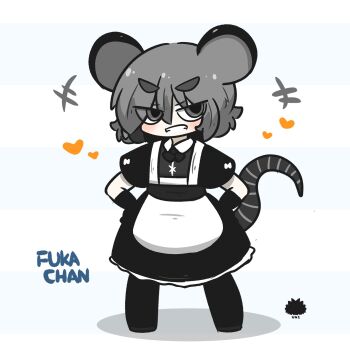 +++ 1girl alternate_costume animal_ears apron black_dress black_gloves black_pantyhose black_shoes blue_background blush character_name chibi collared_dress commentary dress english_commentary enmaided fuka-chan full_body gloves grey_eyes grey_hair grin hair_between_eyes hands_on_own_hips heart highres kemonomimi_mode maid mouse_ears mouse_girl mouse_tail original pantyhose puffy_short_sleeves puffy_sleeves sea_urchin shadow shoes short_eyebrows short_sleeves smile solo standing tail thick_eyebrows two-tone_background uni_souchou v-shaped_eyebrows white_apron white_background