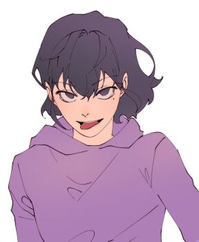 Rule 34 | 1girl, :p, bags under eyes, black eyes, black hair, bob cut, grin, hair between eyes, han sooyoung, highres, hood, hood down, hoodie, looking at viewer, nadardoh, omniscient reader's viewpoint, purple hoodie, short hair, smile, solo, tongue, tongue out, upper body
