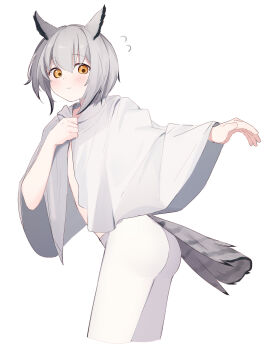 1girl absurdres animal_ears ass cropped_legs flying_sweatdrops grey_hair hair_between_eyes hands_up highres light_blush looking_at_viewer looking_to_the_side orange_eyes original owl_ears owl_girl owl_tail pantyhose riya_(01214) white_background white_hair white_pantyhose