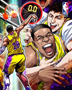 Rule 34 | 4boys, absurdres, artist request, austin reaves, ball, basketball, basketball (object), basketball hoop, basketball jersey, basketball uniform, character request, closed eyes, commentary, dark-skinned male, dark skin, english commentary, eyebrow cut, hachimura rui, headband, highres, hug, hug from behind, los angeles lakers, multiple boys, national basketball association, open mouth, outline, playing sports, real life, second-party source, short hair, shorts, smile, sportswear, standing, sweat, teeth, twitter username, white headband, white outline, yellow shorts