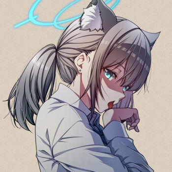 1girl animal_ear_fluff animal_ears blue_archive blue_necktie bright_pupils brown_background commentary_request earrings extra_ears grey_hair halo highres jewelry kouji_(campus_life) licking licking_hand long_hair long_sleeves looking_at_viewer mismatched_pupils necktie open_mouth ponytail shaded_face shiroko_(blue_archive) shirt simple_background stud_earrings tongue tongue_out white_shirt wolf_ears