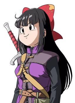 Rule 34 | 1girl, black eyes, black hair, bow, breasts, commentary request, cosplay, dragon quest, dragon quest xi, hair bow, hero (dq11), hero (dq11) (cosplay), highres, indie virtual youtuber, lee (dragon garou), long hair, medium breasts, mito wakana, parody, pouch, profile, red bow, smile, solo, style parody, sword, sword on back, toriyama akira (style), upper body, virtual youtuber, weapon, weapon on back