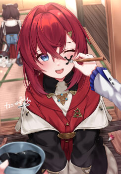 Rule 34 | 3girls, :d, absurdres, ange katrina, ange katrina (1st costume), animal ears, architecture, artist name, baby mn9, back bow, banken (inui toko), black coat, blue bow, blue eyes, blurry, blurry background, blush, bow, bowl, brown hair, calligraphy brush, cardigan, coat, commentary request, crossed bangs, dated commentary, depth of field, dog ears, drawing on another's face, east asian architecture, female pov, frills, hair between eyes, hair intakes, hair ornament, highres, holding, holding bowl, holding brush, indoors, ink, ink on face, inui toko, inui toko (1st costume), lize helesta, lize helesta (1st costume), long bangs, long sleeves, looking at viewer, low twintails, medium hair, multiple girls, nijisanji, off shoulder, one eye closed, open mouth, paintbrush, pov, pov hands, red cardigan, red hair, red skirt, sanbaka (nijisanji), seiza, sitting, skirt, smile, solo focus, tatami, teeth, triangle hair ornament, twintails, twitter username, upper teeth only, v arms, virtual youtuber