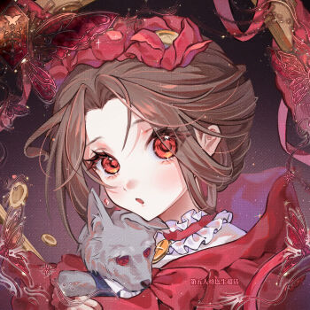 1girl alternate_costume artist_request bow brown_hair bug butterfly chinese_commentary choker coin collar commentary_request commission curtained_hair dress earrings emily_dyer eyes_visible_through_hair flower frilled_collar frills gem hair_flower hair_ornament highres holding holding_stuffed_toy identity_v insect jewelry loose_hair_strand medium_hair open_mouth portrait red_bow red_butterfly red_choker red_dress red_eyes red_flower second-party_source single_earring solo stuffed_animal stuffed_toy updo