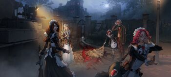 1boy 4girls absurdres apron beard blonde_hair blood blood_trail boots brown_hair cane canteen character_name cobblestone commentary corpse covering_own_mouth cross dagger death english_commentary facial_hair frilled_sleeves frills full_moon gate grey_hair gun hashtag-only_commentary highres holding holding_gun holding_weapon holster ivan_yakushev knife long_hair long_sleeves maid maid_apron maid_headdress mansion medium_hair military military_vehicle moon motor_vehicle multiple_girls night old old_man original pink_hair puffy_sleeves red_cross red_eyes shadow short_hair subtitled tank tissue tree waist_apron weapon wiping_face worried