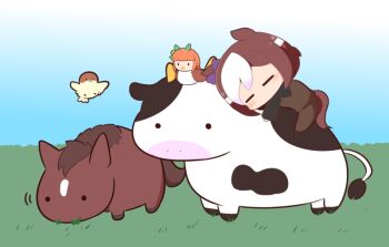 2girls animal_ears beak bird blunt_bangs blush_stickers braid brown_hair closed_eyes cow creature_and_personification ear_covers eating french_braid gomashio_(goma_feet) grazing_(livestock) hair_ornament horse_ears horse_girl horse_tail motion_lines multicolored_hair multiple_girls on_grass orange_hair outdoors personification real_life riding short_hair silence_suzuka_(umamusume) sparrow special_week_(racehorse) special_week_(umamusume) tail two-tone_hair umamusume white_hair
