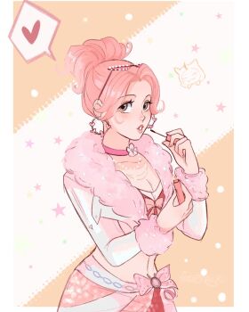 1girl applying_makeup applying_mascara applying_own_makeup border bow bowtie breasts brown_eyes choker cleavage collarbone commentary cowboy_shot crop_top earrings english_commentary eyelashes eyewear_on_head fingernails flower fur-trimmed_jacket fur-trimmed_sleeves fur_trim heart heart_earrings high_ponytail highres holding holding_brush holding_makeup_brush hoop_earrings infinity_nikki jacket jewelry light_blush lipstick long_sleeves makeup makeup_brush mascara_wand midriff momo_(nikki) multicolored_skirt neck_flower nikki_(series) open_clothes open_jacket orange_background outside_border parted_lips pink-framed_eyewear pink-tinted_eyewear pink_bow pink_bowtie pink_bunny_(infinity_nikki) pink_choker pink_flower pink_hair pink_lips pink_skirt ponytail red_shirt shirt short_hair short_ponytail skirt solo spoken_heart standing star_(symbol) sunglasses teeth tinted_eyewear triangular_eyewear two-tone_background updo vanekairi waist_bow white_background white_border white_jacket white_skirt